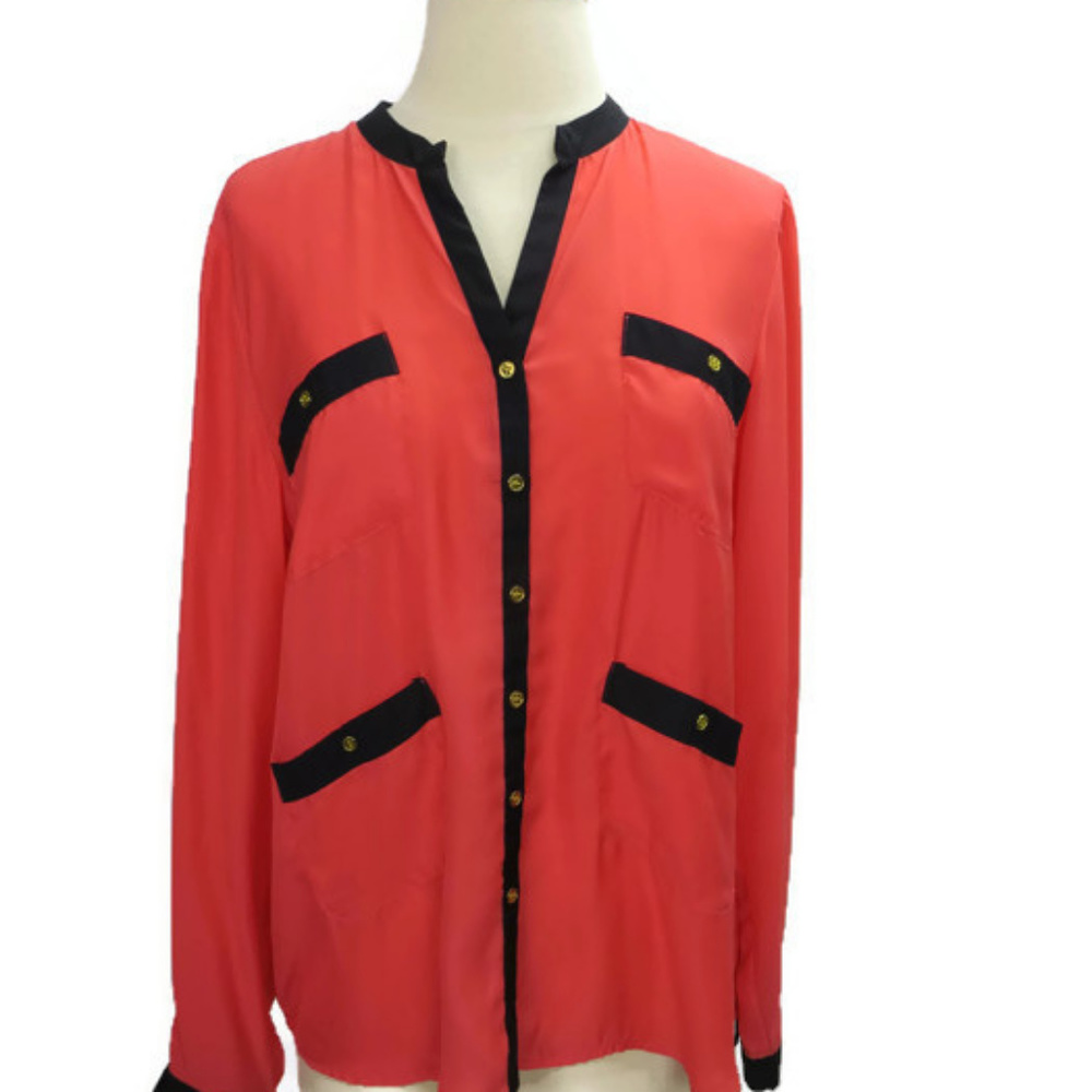 Aqua Blouse Coral M Long Sleeves Gold Buttons